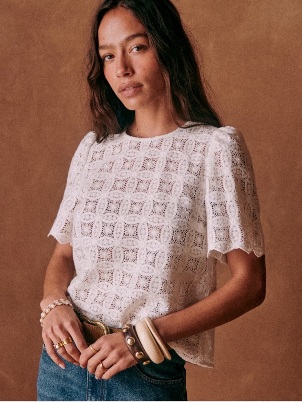Sezane White Lace Short Sleeve LILO Blouse